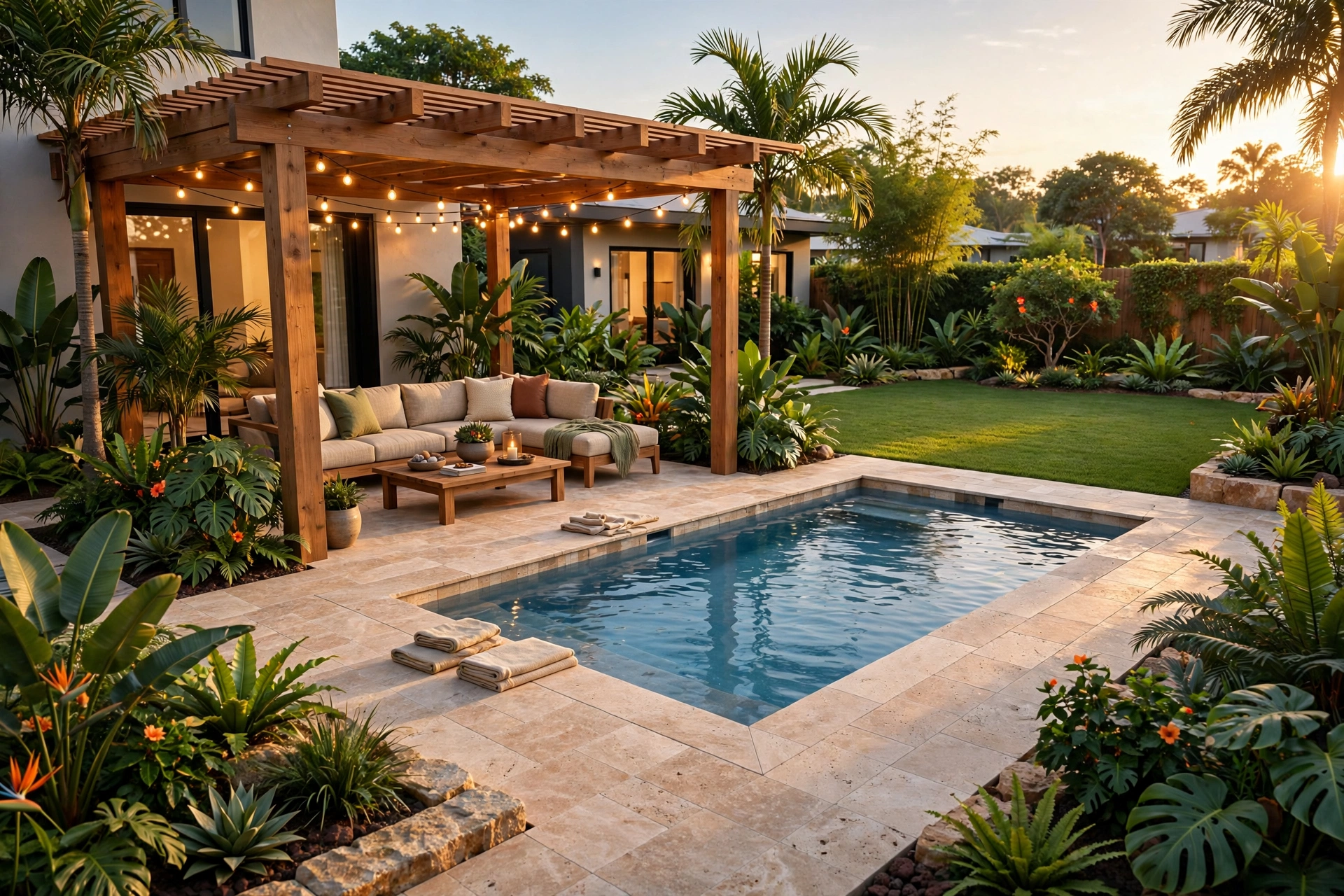 Landscaping design render of a backyard with pool and pergola