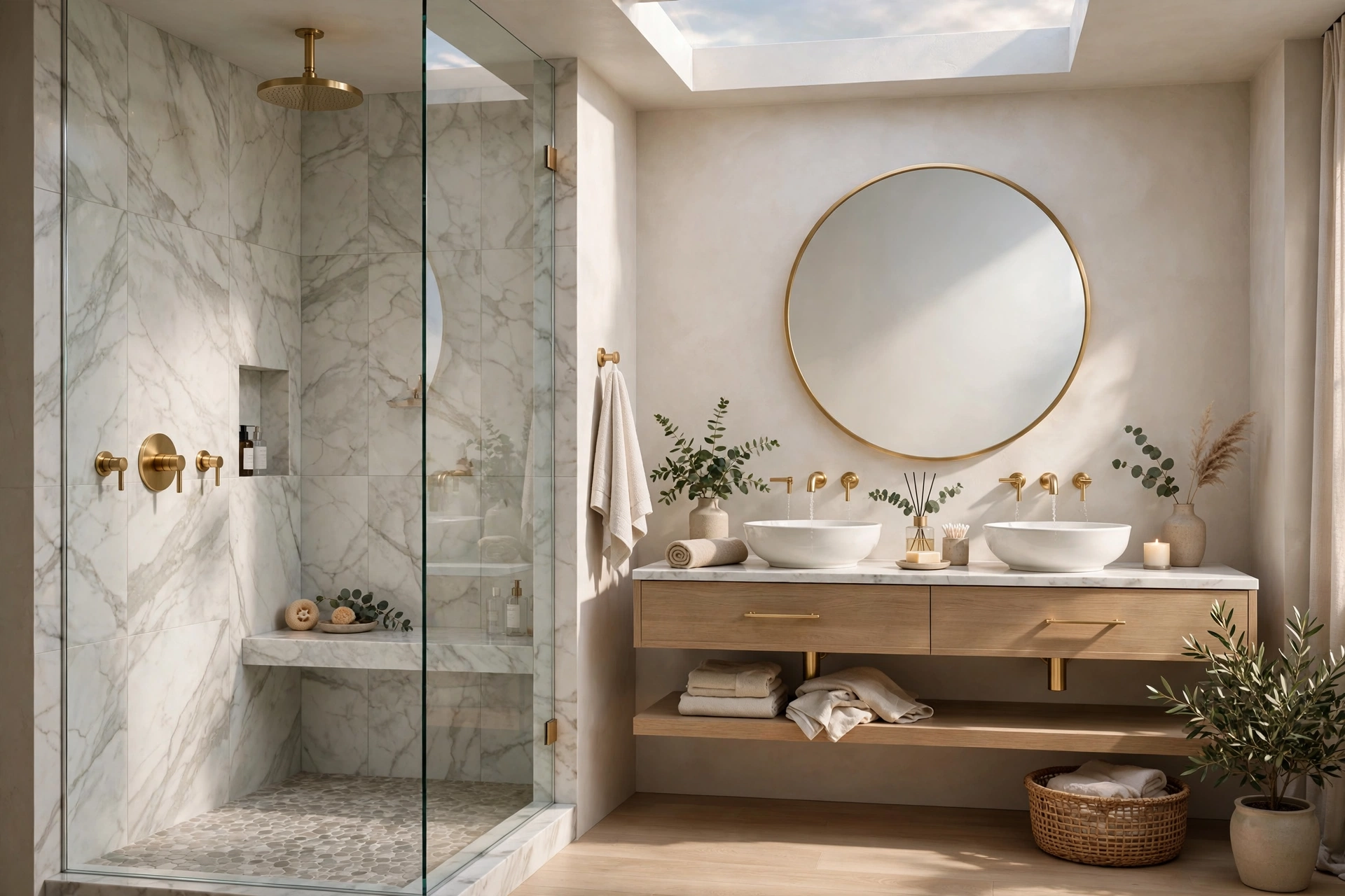 Interior design concept render of a modern spa-like bathroom