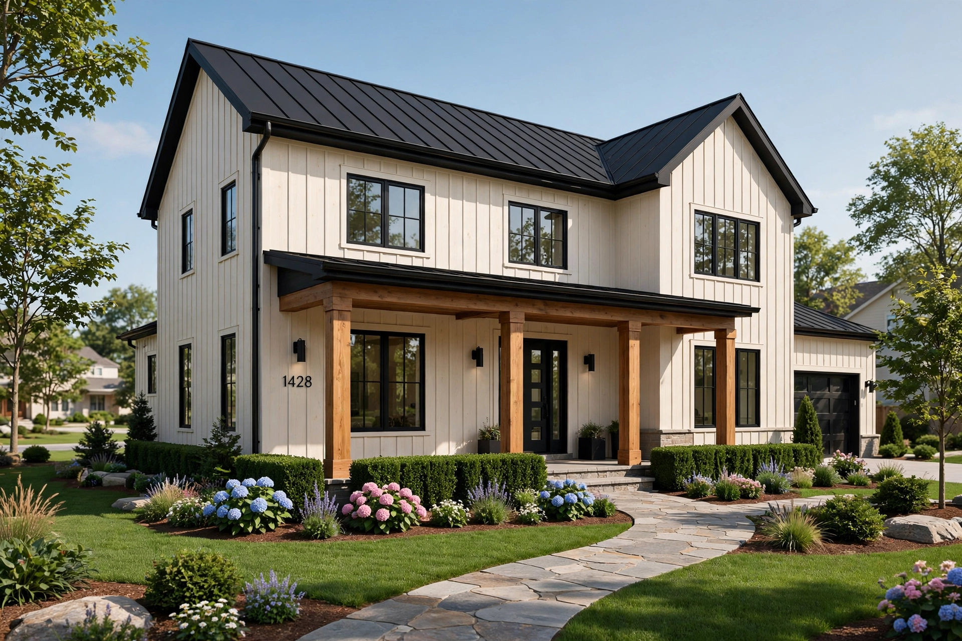 Exterior design render of a house facade with new landscaping
