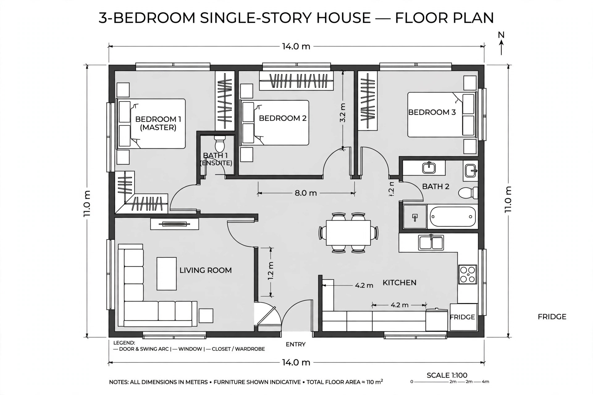 Dimensioned 2D floor plan of a 3-bedroom single-story house