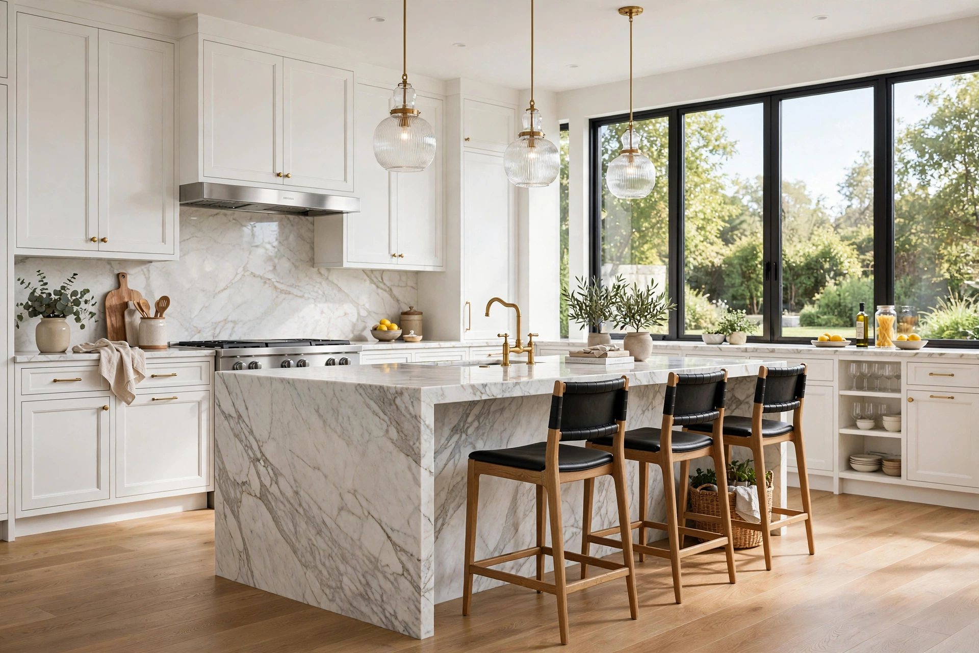 Interior design concept render of a modern kitchen with marble island