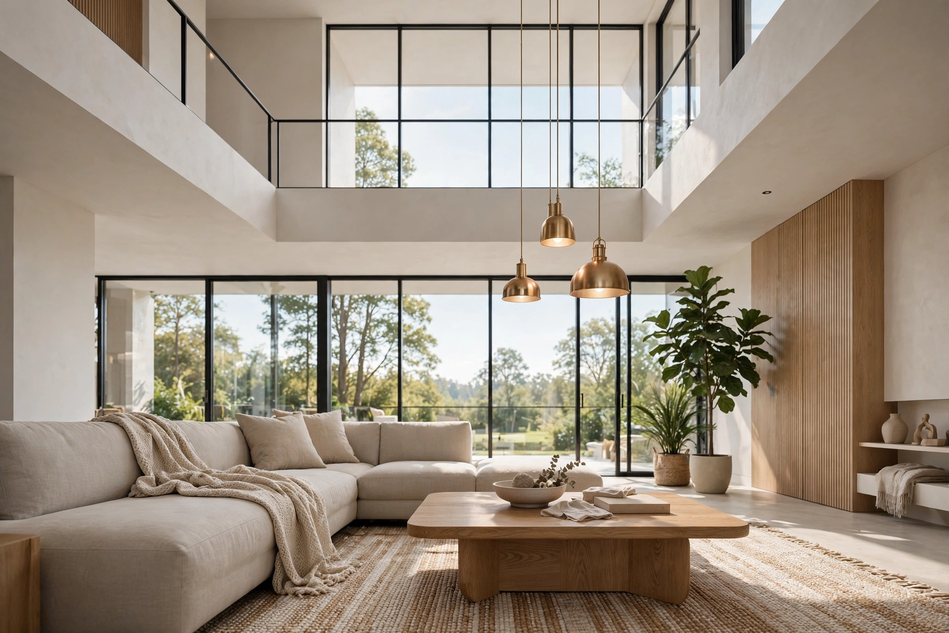 Photorealistic 3D render of a modern double-height living room
